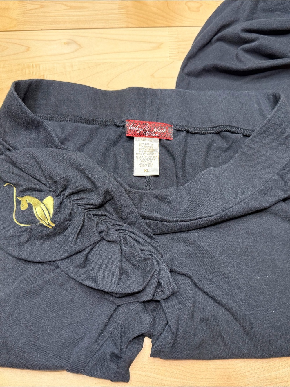 Baby Phat Black Leggings Ruched Legs with Gold Cat Logo